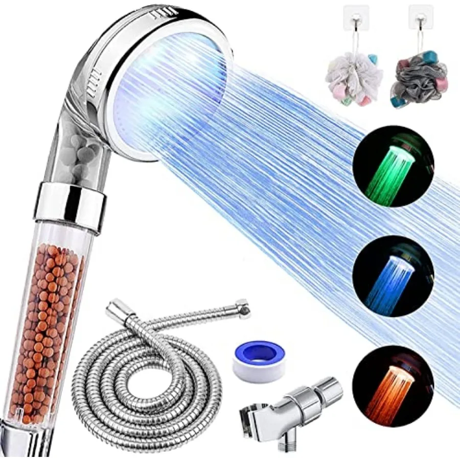 

LED Shower Head with Handheld, High Pressure Shower Head with Hose, Holder and PTFE Tape etc, 3 Water Temperature-Controlled Wa