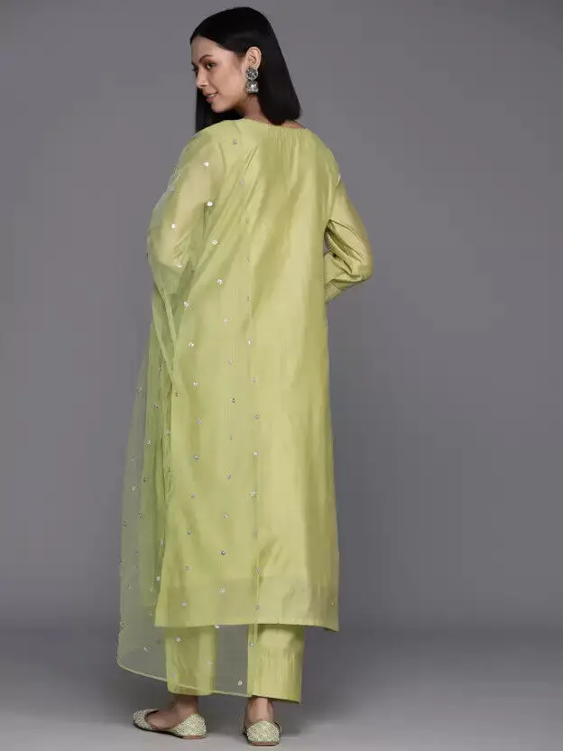 Light Green Kurta Pant Dupatta Set Chanderi Embroidered Knee Length Kurti