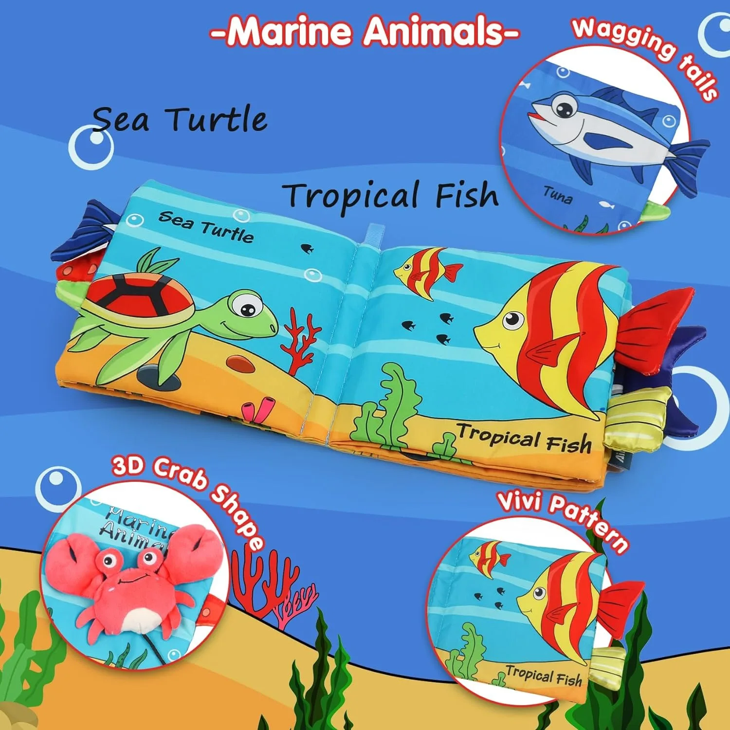 Livros macios para bebês, livro de pano crinkle, caudas de animais marinhos para bebês, desenvolvimento inicial, carrinho interativo, brinquedos macios