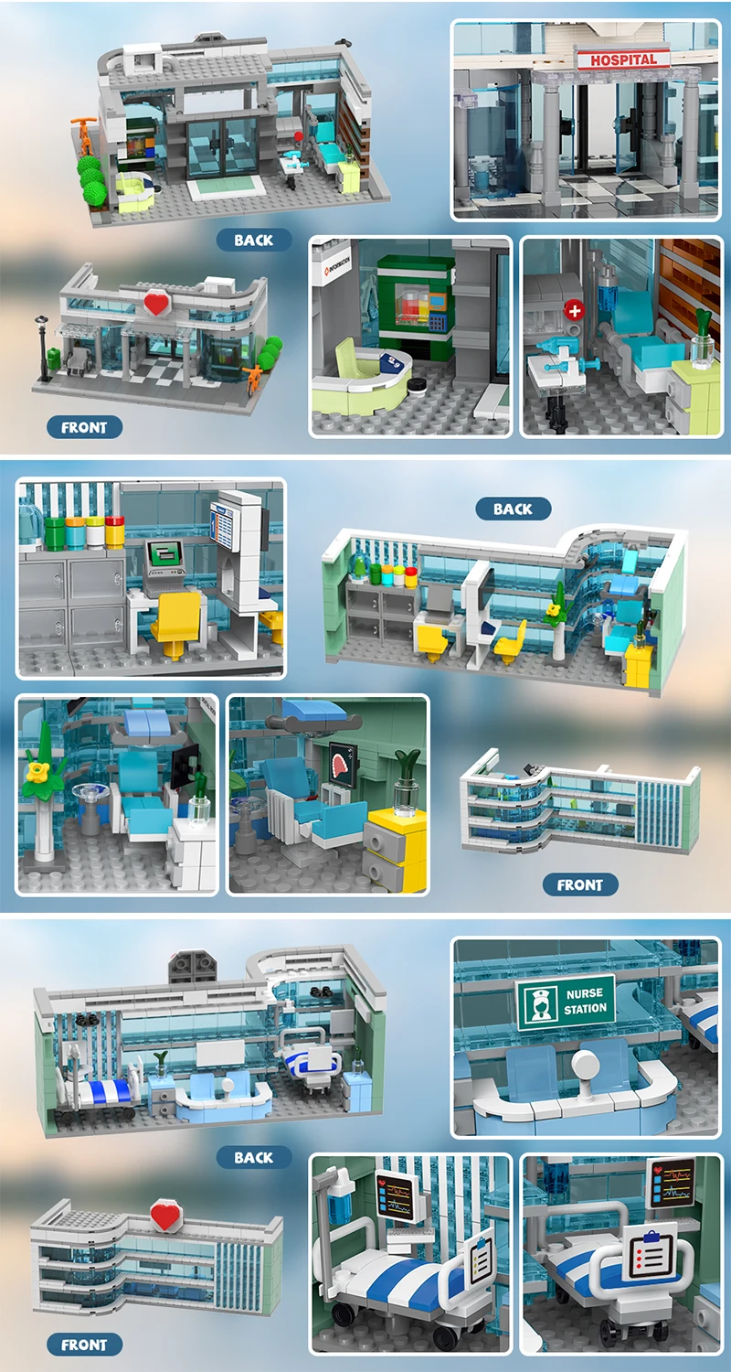 City Hospital Toy Building Set with LED Lighting, Compatible with Lego, Modular Three-Story Architecture Set for Adults, Gift Id