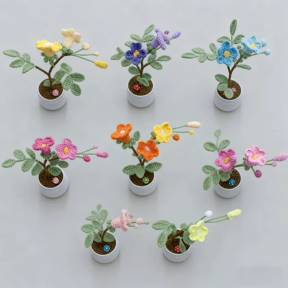 Flor de ganchillo hecha a mano terminada, flor Lingxiao, planta en maceta, flor simulada, decoración del hogar, flor simulada, boda de