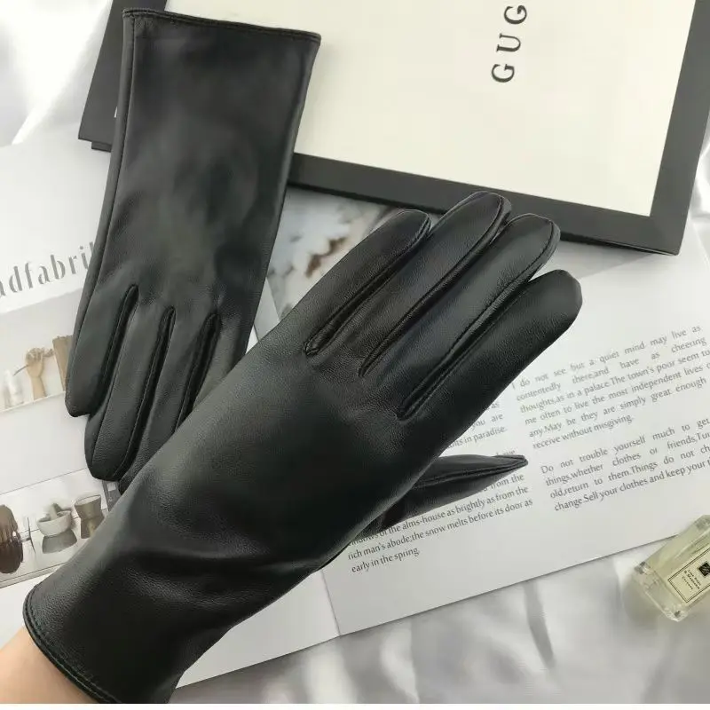 Ladies Sheepskin Gloves Classic Solid Color Real Leather Spring Velvet Lining Cycling Driving Gloves Autumn Winter