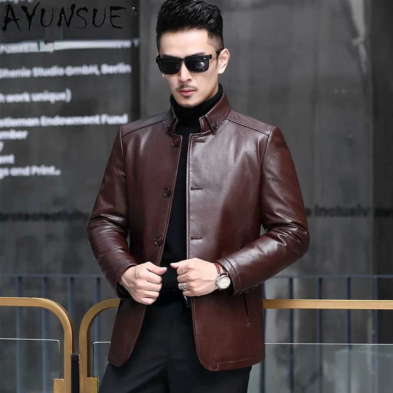 

90% White Duck Down Coat Men's Casual Genuine Goatskin Leather Jacket Male Short Black Coats Veste Cuir Homme SQQ742