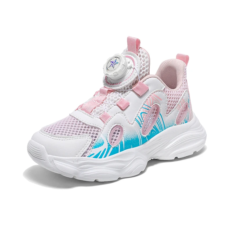 

Летние дышащие детские повседневные кроссовки для девочек с вращающейся застежкой, спортивные беговые кроссовки, модные уличные кроссовки на плоской подошве для прогулок