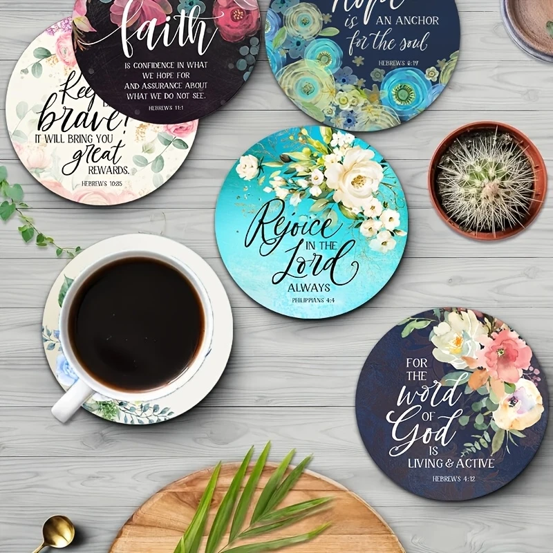 6 pcs 2D 4in Wooden Coasters Bible Verses and Floral Patterns Theme Desktop Insulation Mats Home Decor Coffee Mug Coasters