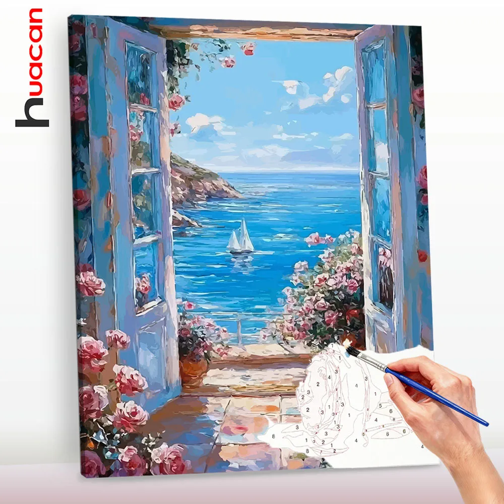 Huacan Malen nach Zahlen: Strandblumen-Digital-Ölgemälde, Sommerlandschaft, DIY-Set für Erwachsene, handgemaltes Geschenk ﻿ ﻿ ﻿