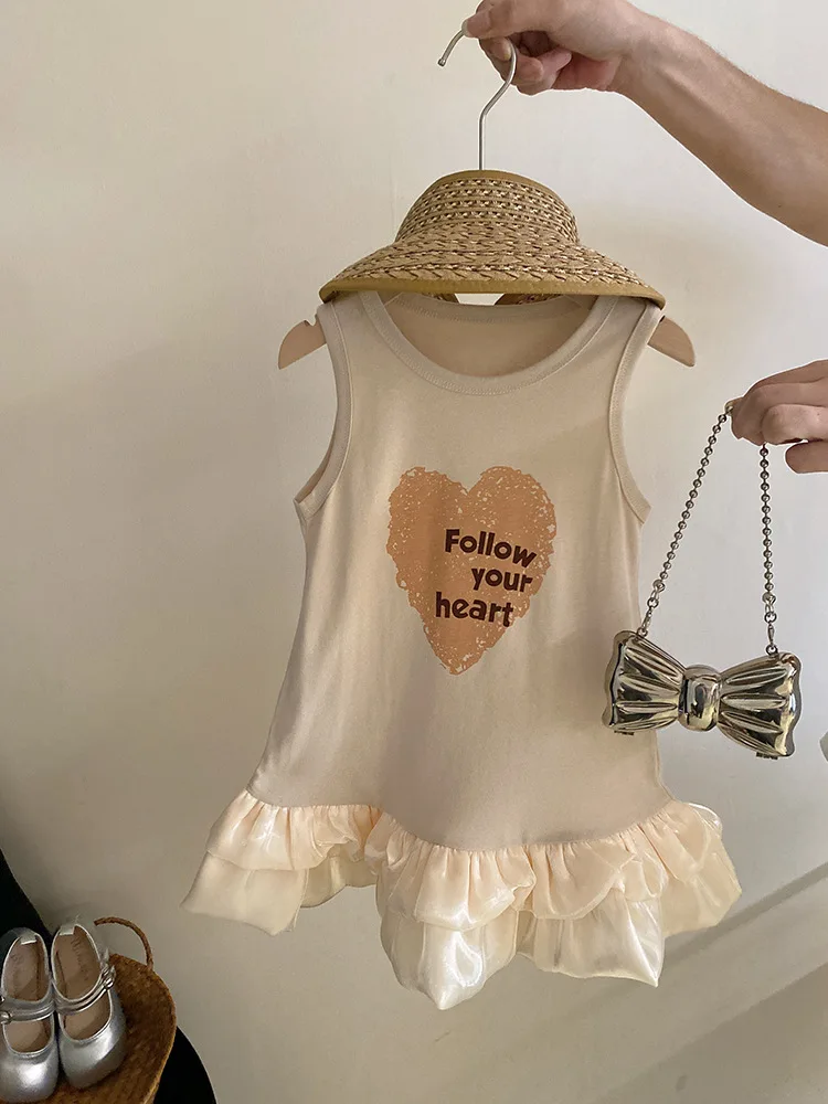 Girls' Dress2024Summer New Little Girl Stitching Letter Vest Dress Western Style Fashion Love Princess Dress