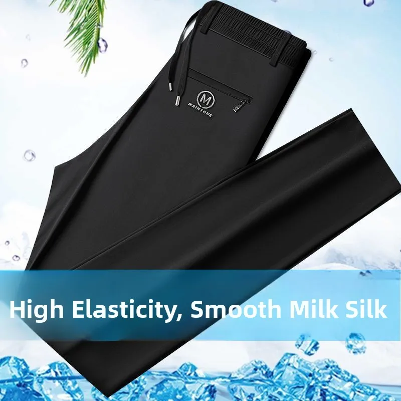 

Повседневные мужские длинные брюки из ледяного шелка, дышащие свободные эластичные тонкие спортивные брюки, летние модные городские прямые брюки