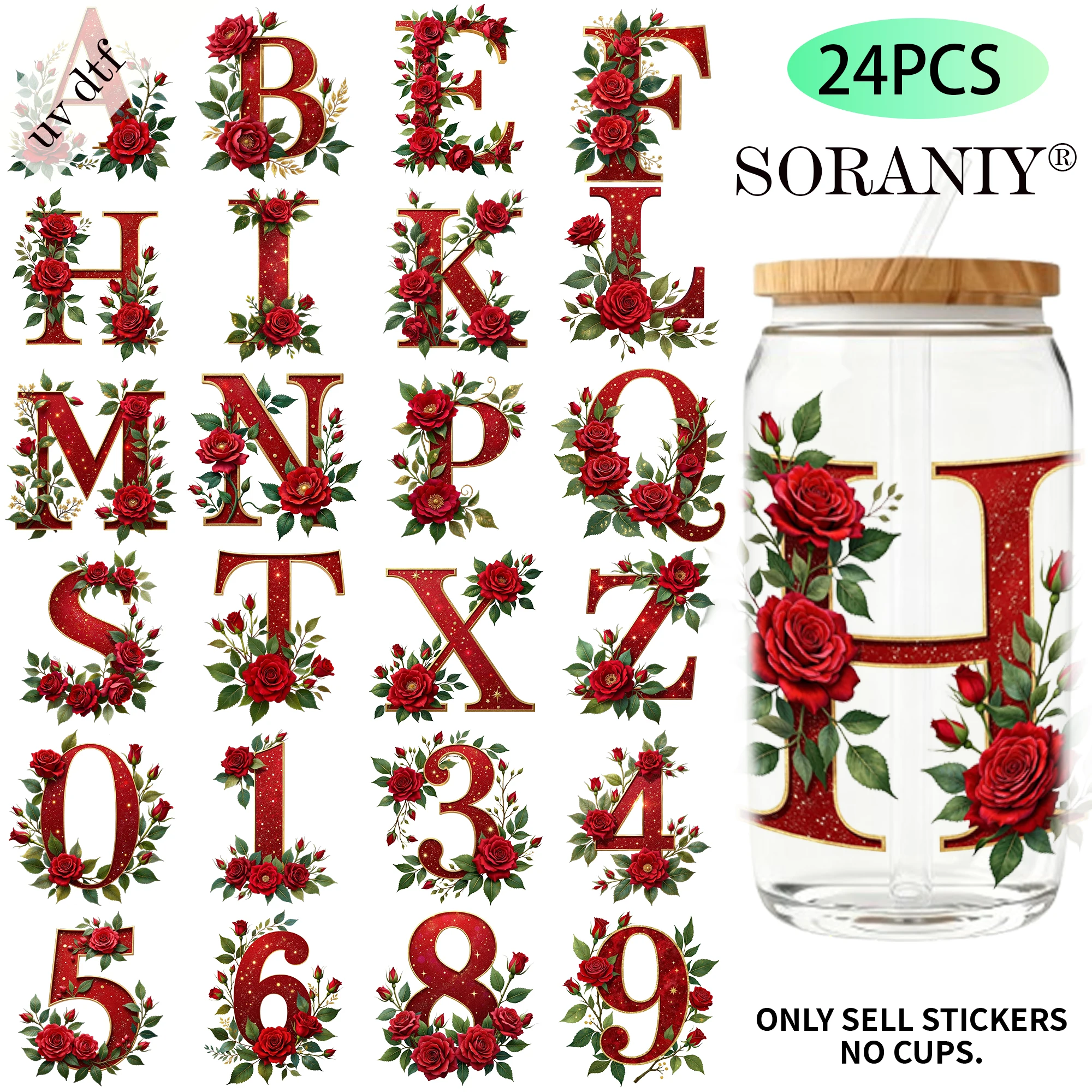 

24PCS/Set Floral Rose Alphabet Letters Themed UV DTF 16OZ DIY Transfer Paper Set Used For 16oz Water Bottles Glass