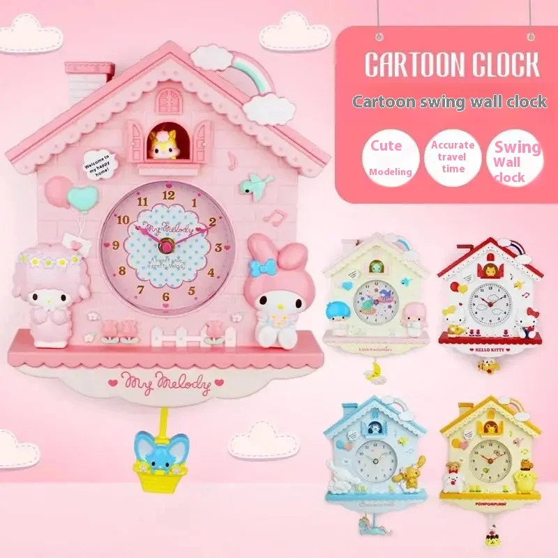 Kawaii Hellokitty Littletwinstars Cute Pudding Dog Cute Battery Swing Wall Clock Mymelody Bedroom Decoration Clock