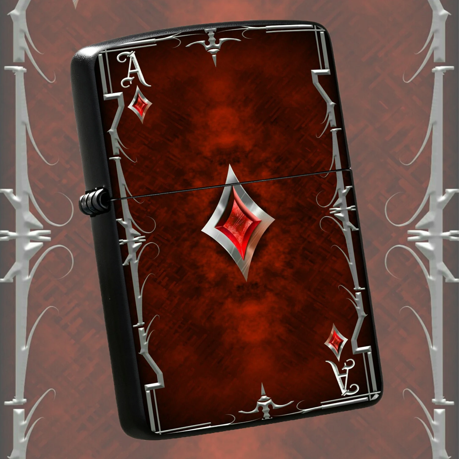 Gothic Ace Of Diamonds Themed Refillable Vintage Durable Housinglic Printing High Gloss Cool Igniter Deep Red Textured Background Exquisite Decorative Portable Durable Pocket For Daily Use Gifting A Fun And Humorous Lighter