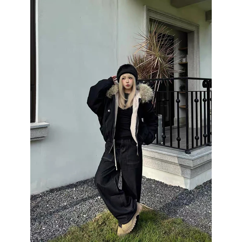 YIBASHU Zimní dámská vlněná bunda s kapucí z jehněčí vlny, americký retro kabát z umělé kožešiny, korejský styl Y2k z roku 2000, silná teplá bunda - náhled 6