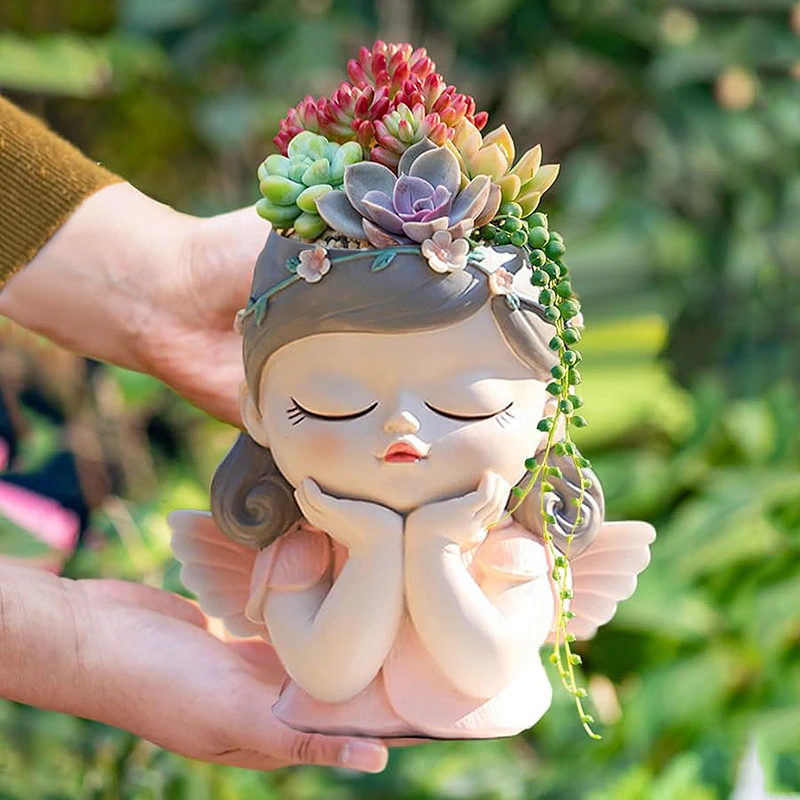 

7-дюймовый милый кашпо с изображением девушки-ангела и дренажным отверстием, декоративные статуи сказочного кашпо из смолы для декора домашнего офиса
