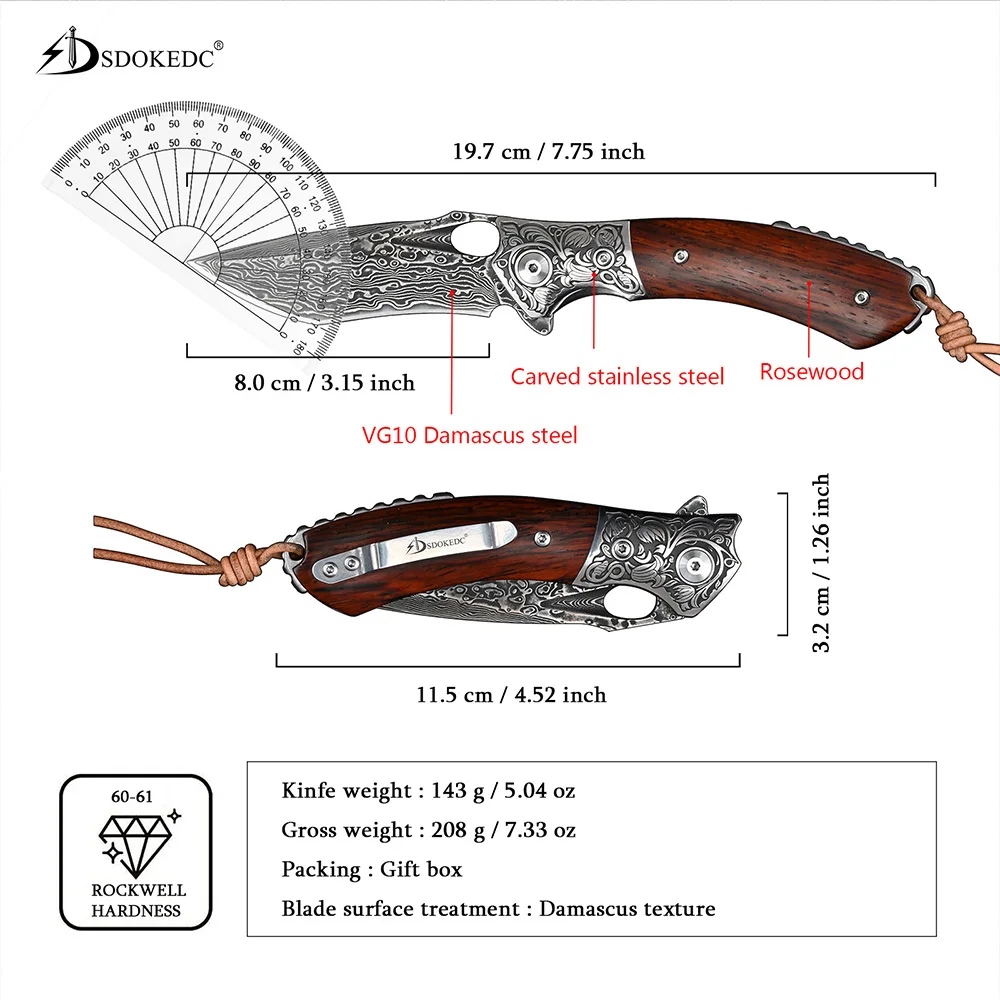 SDOKEDC VG10 Damascus Camping Pocket Knives Outdoor Utility Folding Blade Tool Rosewood Handle Gift