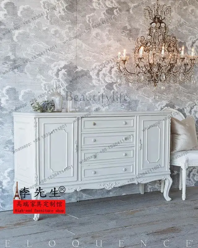 

European solid wood TV cabinet, French simple carved storage cabinet