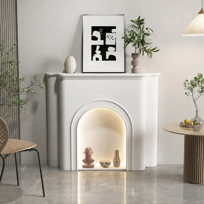 Luminous White Fireplace Cabinet Arched Display Shelf for Living Room Porch Bedroom Decorative Storage Unit Modern Home