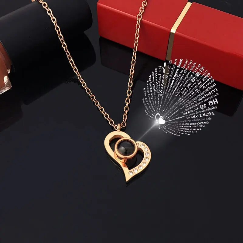 Love Projection Necklace With Luxury Rose Gifts Box For Girlfriend 2023 New Valentine Present 100 Languages I Love You Jewelry