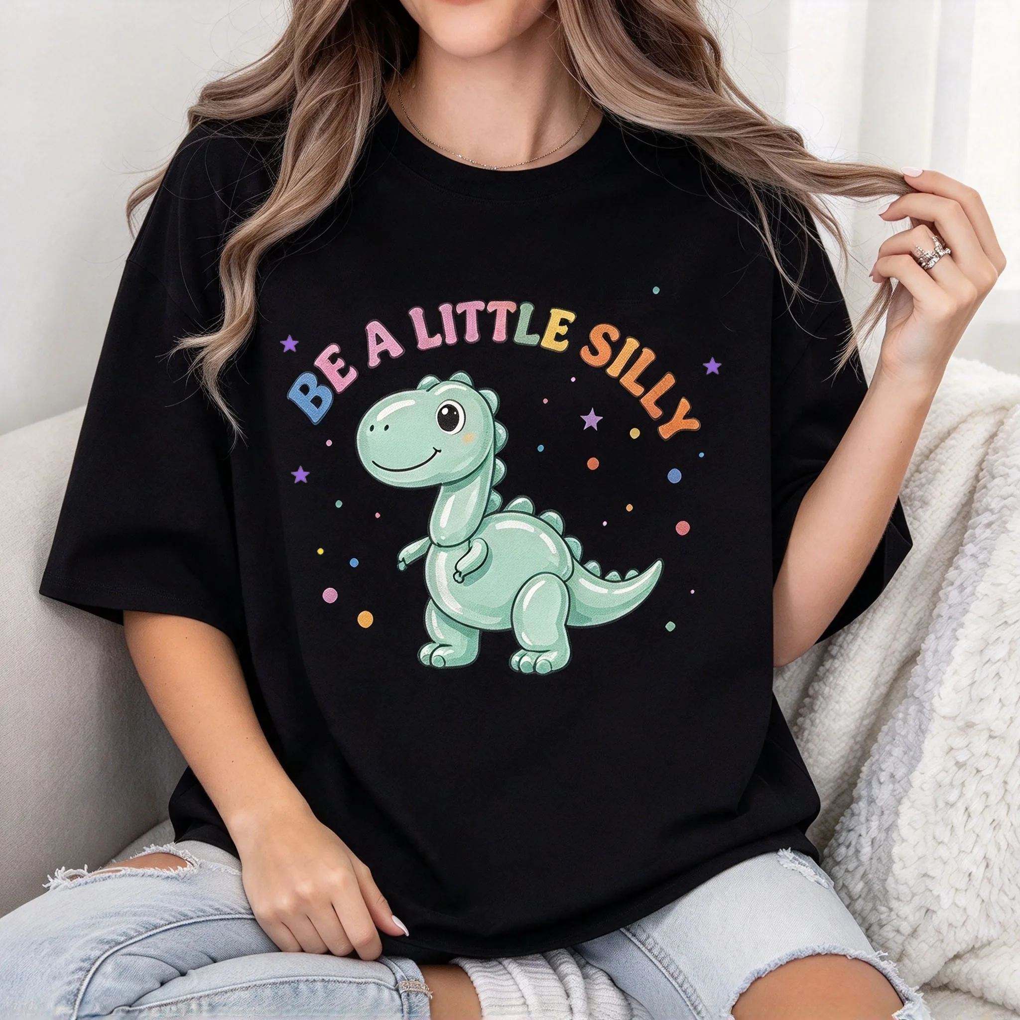 Be A Little Silly Balloon Dinosaur Graphic T Shirt Women Crew Neck Short Sleeve Tee Cute Cartoon Print Casual Top