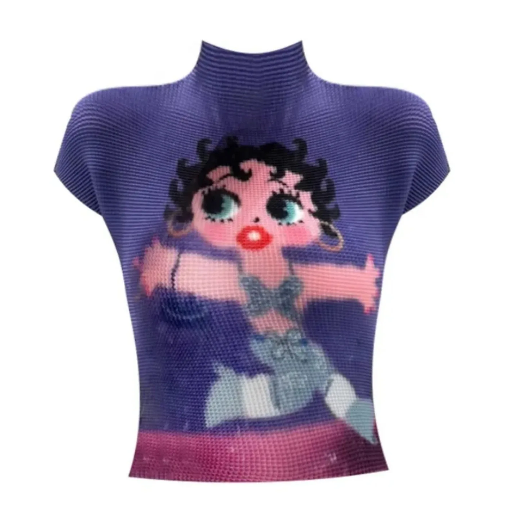 Y2K cartoon printed small high neck T-shirt with cute animal pattern slim fit short sleeved top