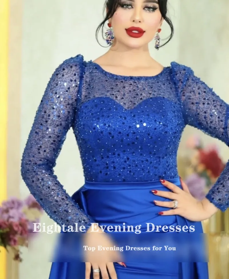 Eightale Luxury Evening Dresses with Detachable Skirt Royal Blue Long Sleeves Customized Satin Mermaid Party Prom Gown