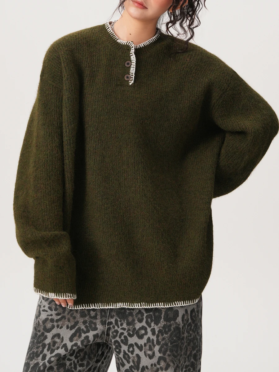 เสื้อสเวตเตอร์ถักสไตล์เรโทร คอเฮนรี่ ทรงหลวม สวมหัว สำหรับคู่รัก ฤดูใบไม้ร่วง ฤดูหนาว อุ่นสบาย ผลิตจากเส้นใยโพลีเอสเตอร์