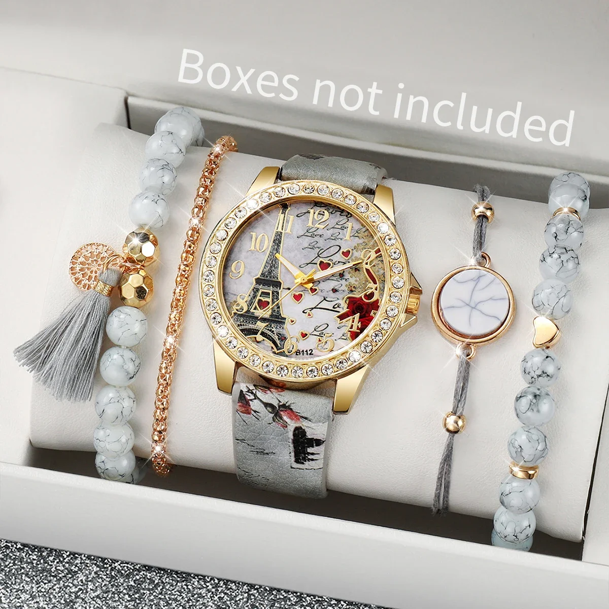 AAASweet Dating Floral Print Leather Watch Set, 4-in-1 Marble Stone Charm Bracelets & Crystal Wristwatch Gift For Girls