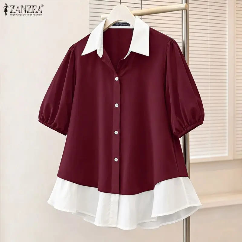 ZANZEA Elegant Woman Color-Block Shirts Lapel Puff Sleeves Button Up Peplum Blouses Summer Casual Daily Wear Chemises Femme 3XL