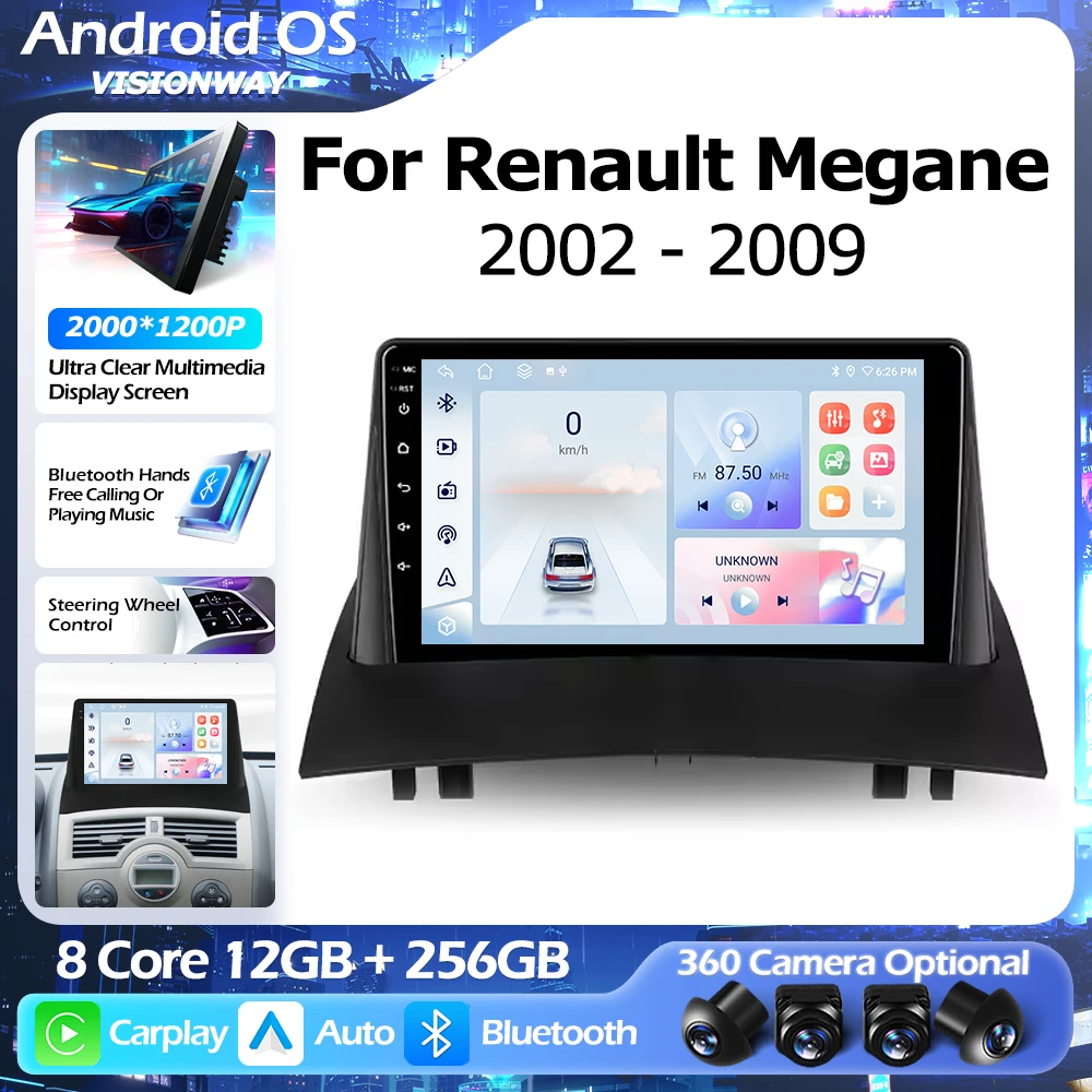

Беспроводной CarPlay на Android 16 для Renault Megane 2 (2002-2009) с GPS-навигацией, мультимедийным плеером, Wi-Fi, 4G, QLED 2000*1200P, RDS, DSP