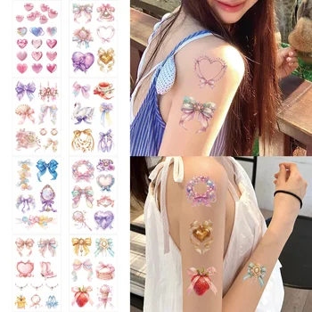 8 枚のカラフルなリボンロマンスシリーズタトゥーステッカー女の子 DIY かわいいちょう結びハートデザインピンクブルー一時的なタトゥー 스티커