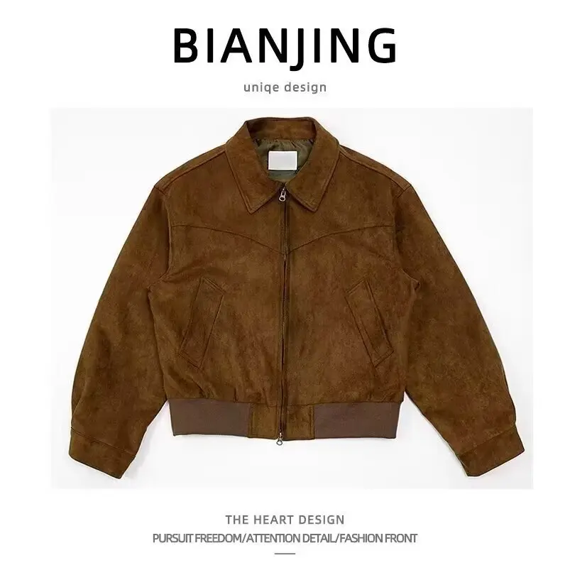 Man Jacket 2025 Autumn Men's High Street Suede Bomber Jacket Short Sleeve Zip Up Lapel  Flight Casual Outerwear
