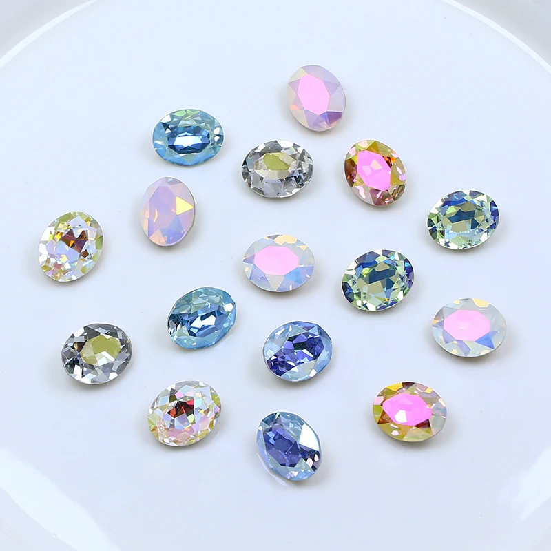 10x8mm Oval Shape Coating Color K9 Crystal Rhinestone High Quality Pointback Stone Glitter Glass Stone For Nail Art Decoration