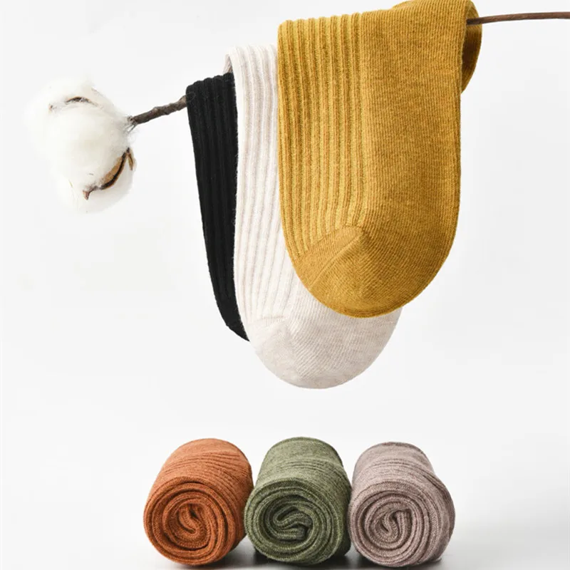 Multi‑Color Women Cotton Socks Elastic Vertical Rib Crew Socks Office Daily Socks Soft Breathable Mid‑Ankle Casual Socks