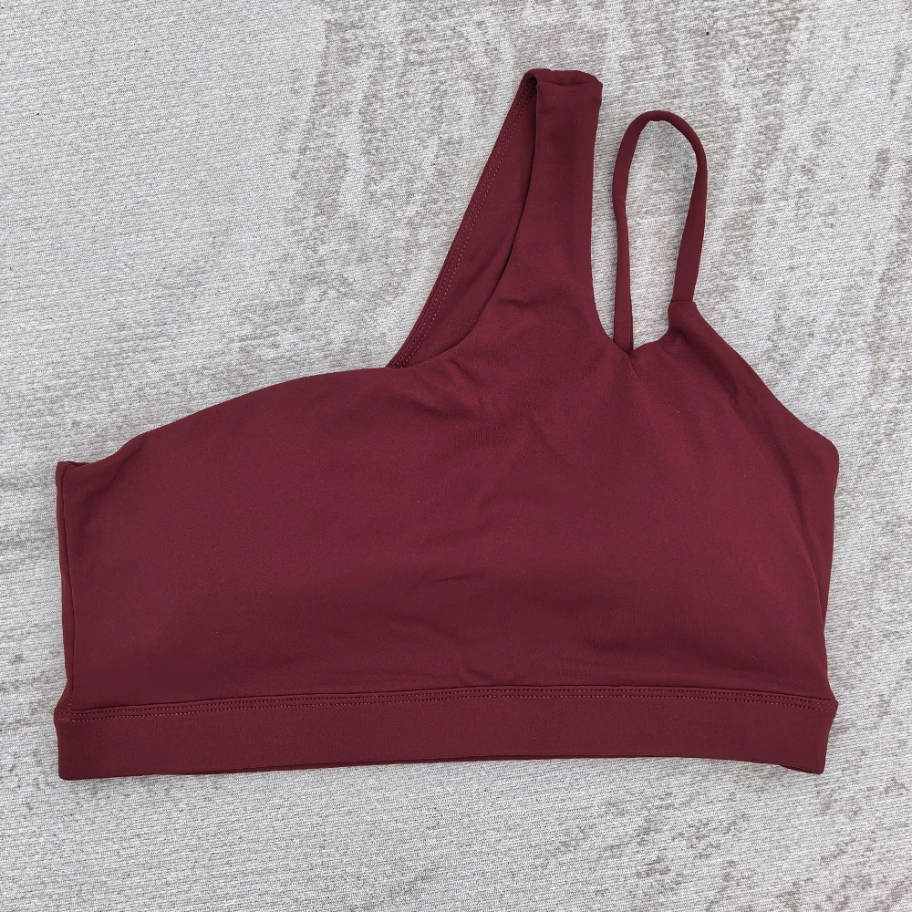Solid Color Women Asymmetric Shoulder Strap Sports Bra Gym Workout Breathable Detachable Chest Cushion Bra