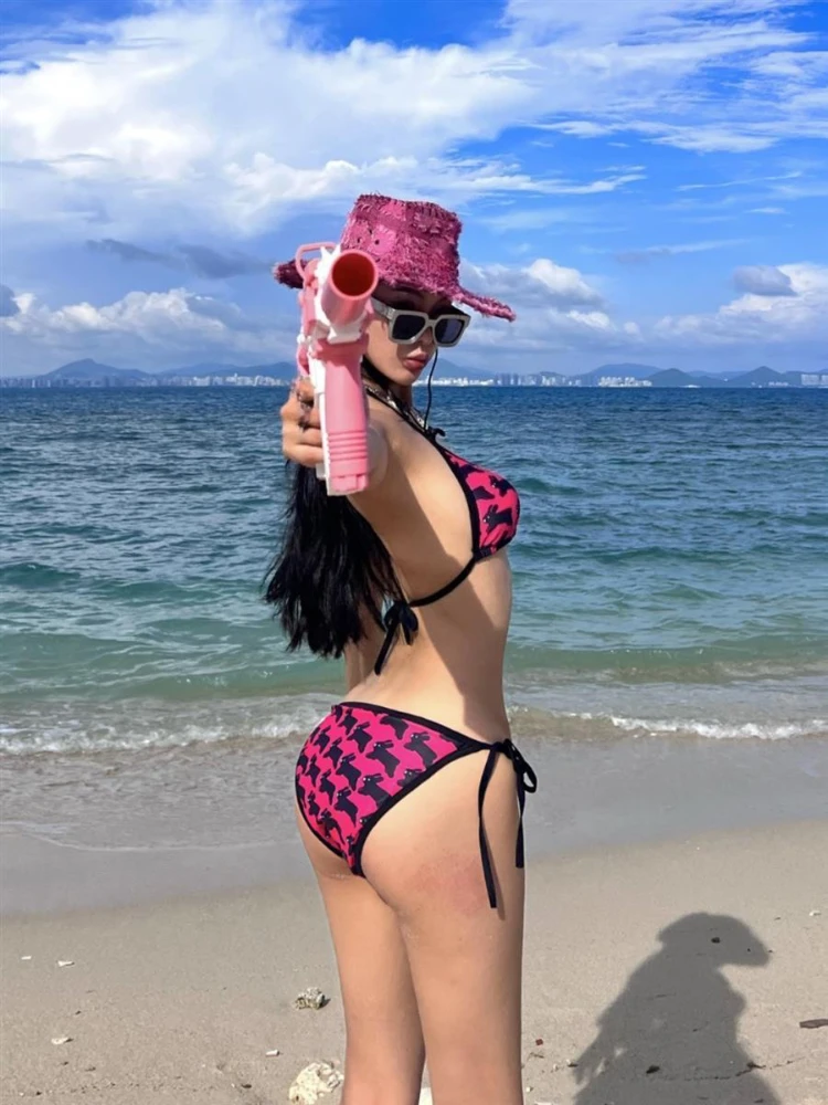 Vintage Sexy Beach Party Style Two Pieces Bikini Set Sweet Women Print Bikini Swimsuit Y2k Beach Halter Swimwear Suit 2025 Chic