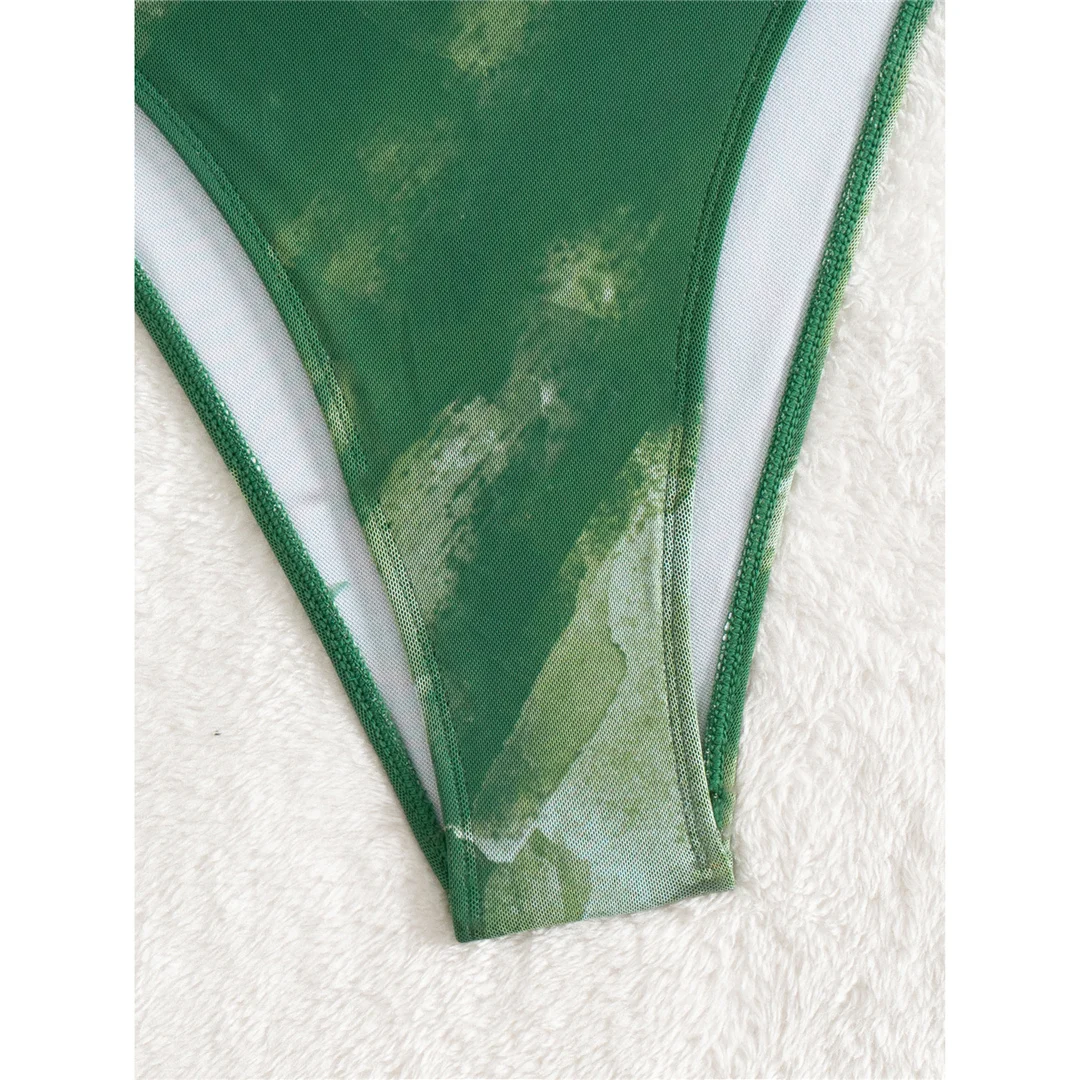 Neuer grüner Batik-Badeanzug mit V-Ausschnitt, Metallring-Ausschnitt, einteilig, für Damen, Badebekleidung, hoher Beinausschnitt, Badeanzug, Modell V7161 – Detail 6