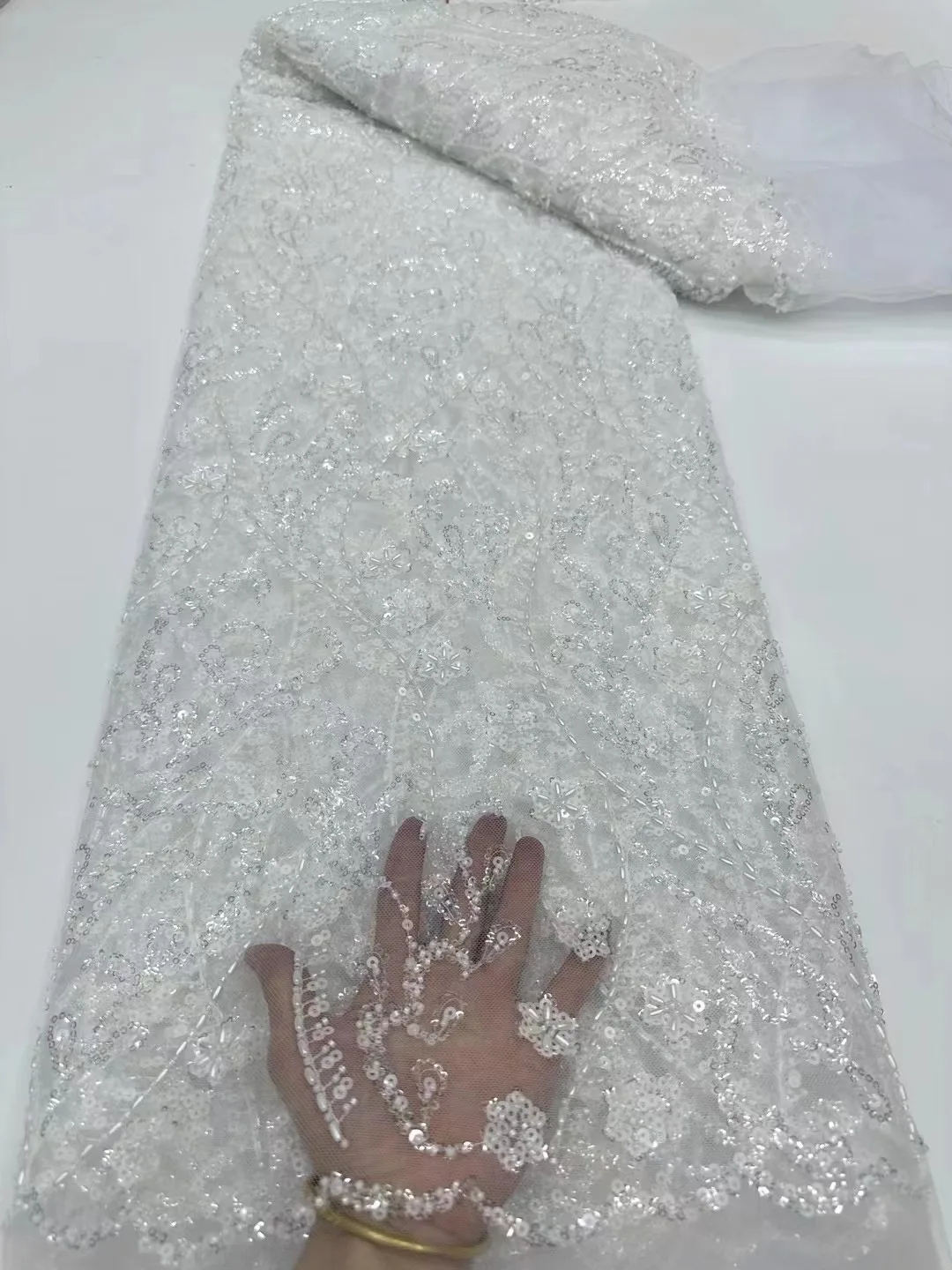 Latest Best Quality Soft Pure white Elegant Tulle Lace With Lots Stones Fabric for Bride Wedding Party Dress NN6588_S