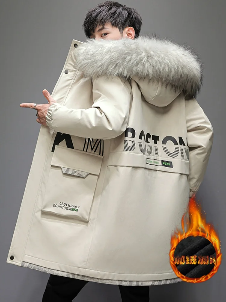 

Men's down Cotton Jaet Mid-Length Thi Warm Winter Parka Faionable Brand Inner Fce Youth Casual Sle Polyester Fiber