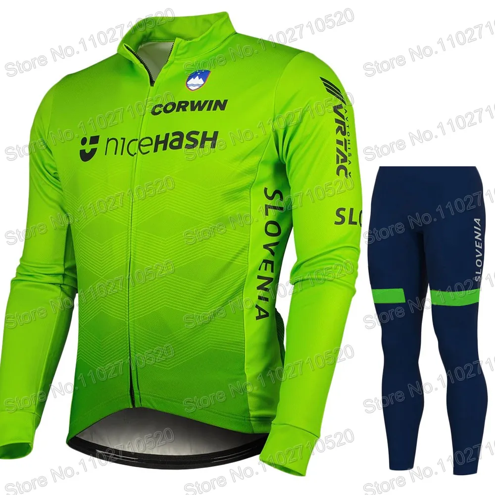 Slovenia National Team 2023 Cycling Jersey Set Men Long Sleeve Winter Green Clothing Suit MTB Bike Road Pants Bib Ropa Ciclismo