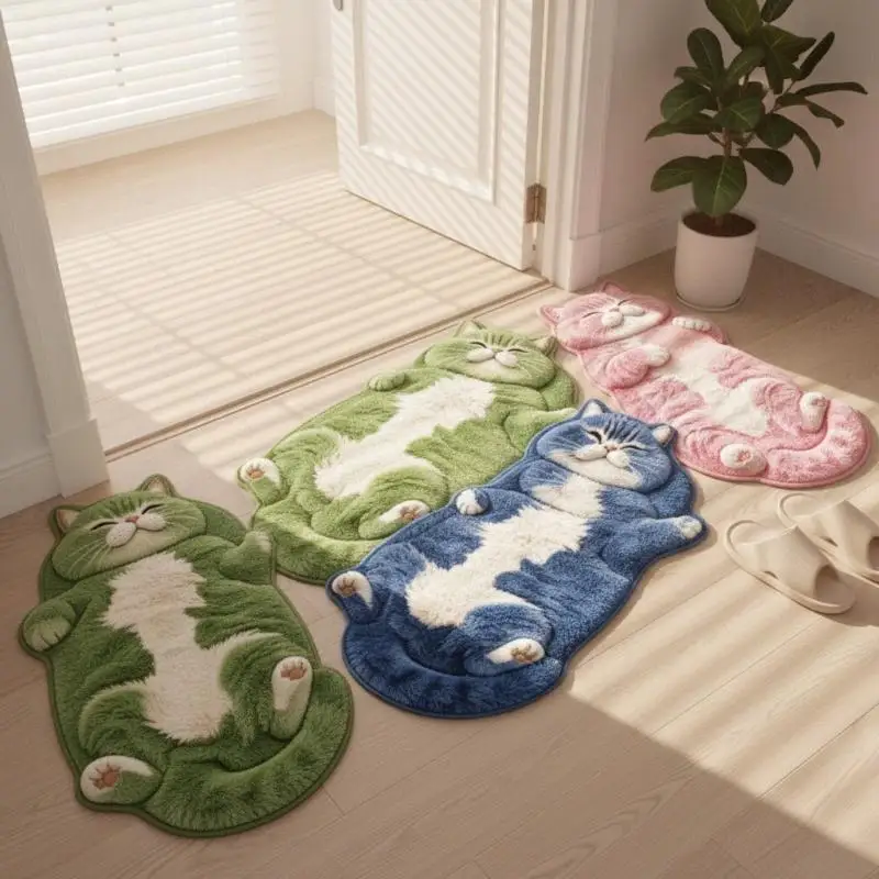 Chubby Lying Tabby Cat Dorm Rug 2D Furry Print Non Slip Soft Absorbent Floor Carpet for Entryway Hallway