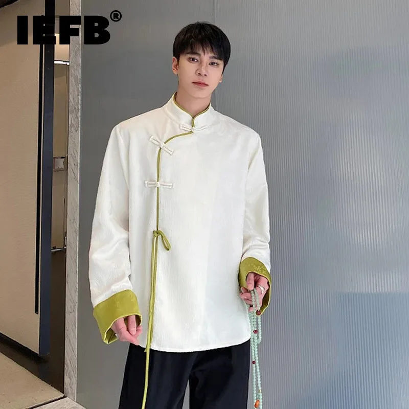 

IEFB Jacquard Contrast Color Male Shirts Standing Neck Long Sleeve Men's Shirt Autumn New Chinese Style Trendy Chic Top 9C5133