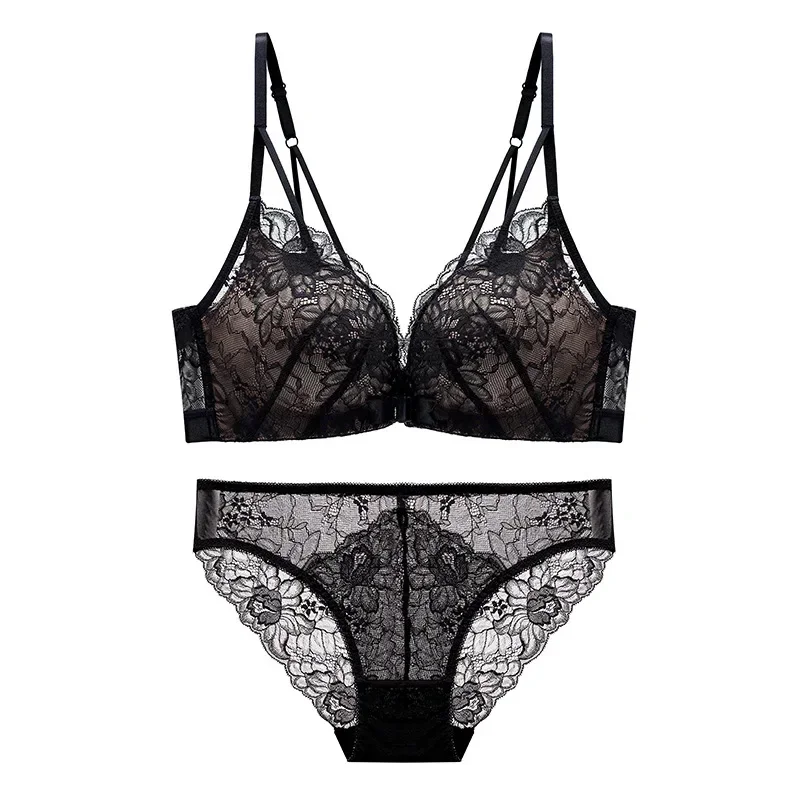 

Women Sexy Lace Wireless Bra Set Gathering Push Up Bra Front Open Lingerie Brief Set Seamless Bra and Panty Set