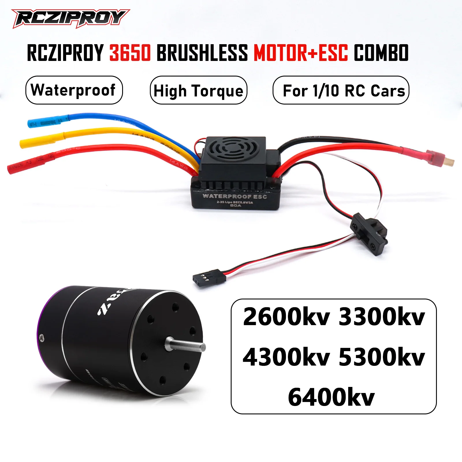 

Бесщеточный двигатель RCZIPROY RC 3650 с регулятором скорости 80A ESC, водонепроницаемый, с высоким крутящим моментом 2600KV-6400KV для радиоуправляемых машин, грузовиков, багги и внедорожников масштаба 1/10