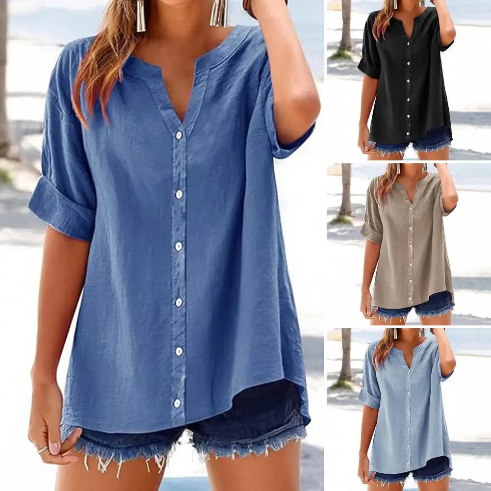 Women Bohemian Print Blouse Stylish Women's V-neck Button Down Shirt Solid Color Loose Fit Blouse for Wear Short Sleeve Top