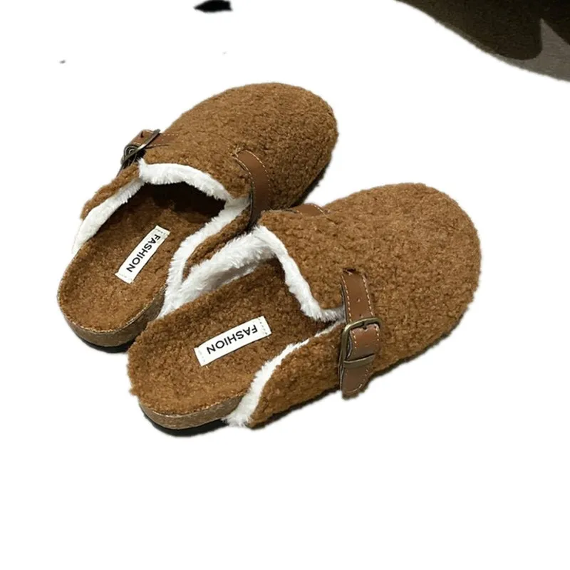 2024 Lambswool Mules Women Belt Buckle Slippers Winter Clogs Shoes Woman Platfoem Cover Toe Plush Fur Slides Outdoor Fuzzy Shoes