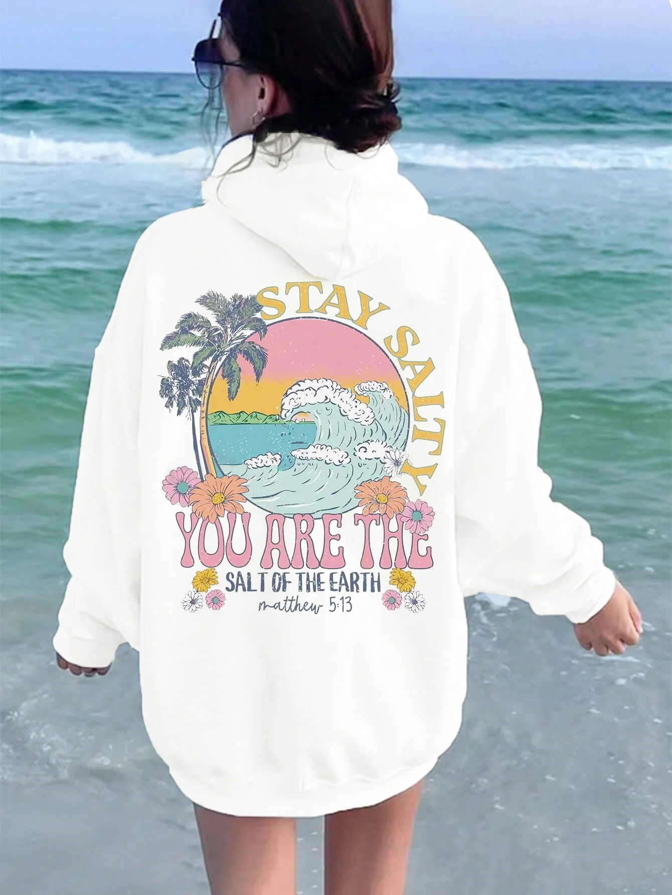 Ocean coconut tree printed women\'s hoodie fashion design loose casual versatile women\'s clothing autumn/winter fleece hoodie
