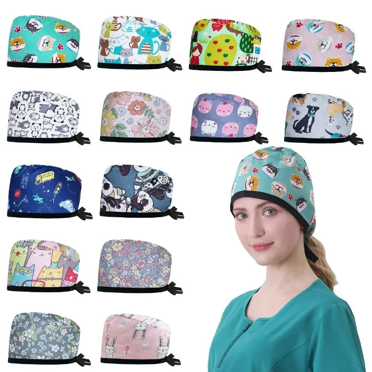 Htthdd New with Button Dentist Printing Hat Adjustable Scrub Cap Salon Clinic Nurse Nursing Cap Laboratory Pet Shop Scrub Hats