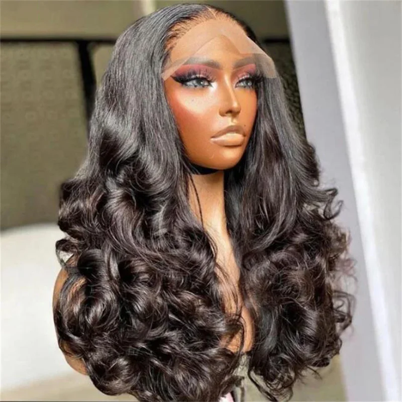 Wig rambut manusia Yahudi dasar sutra 5x5 gelombang panjang Hitam 28 inci dengan rambut bayi HD renda rambut Eropa preplock sehari-hari