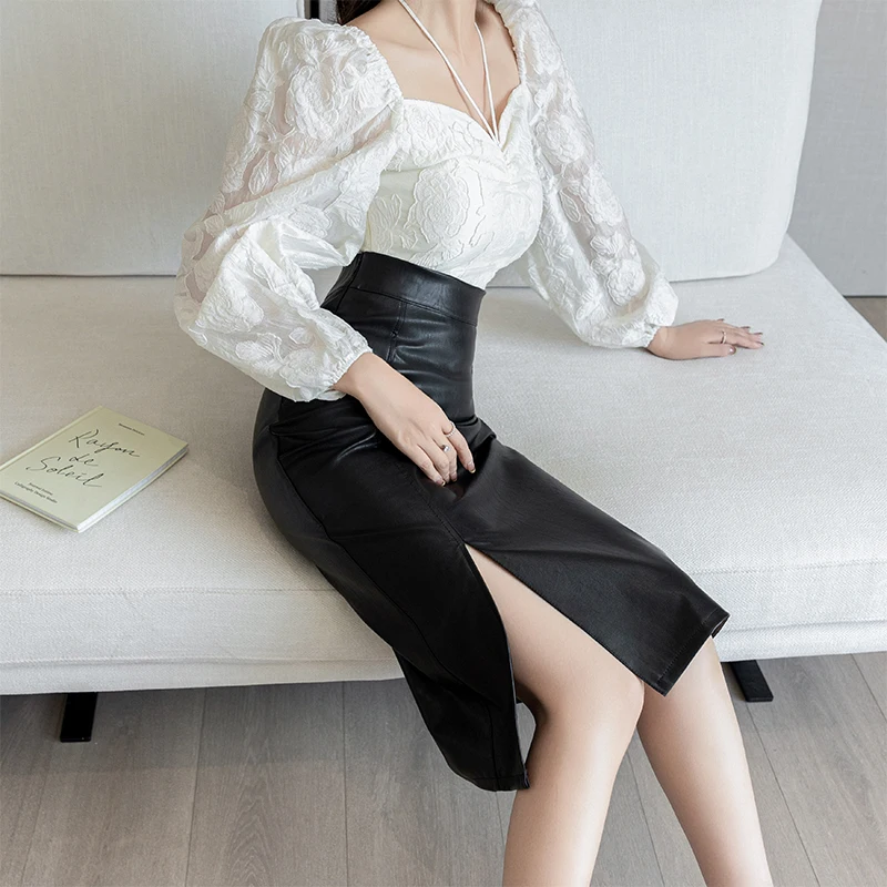 Seoulish Vintage Front Split PU Fodero in pelle Gonne a portafoglio da donna Autunno Inverno Vita alta Matita Gonne da ufficio Donna 2025 Nuovo