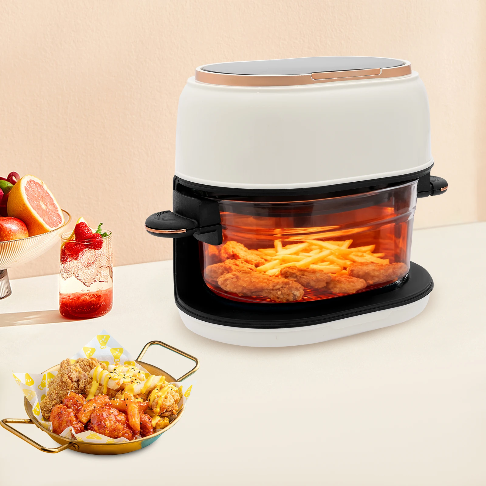 

900W Assembly White Hot Air Fryer Adjustable Air Fryer Corded Electric with LED Touch Screen Clear Baking Basket