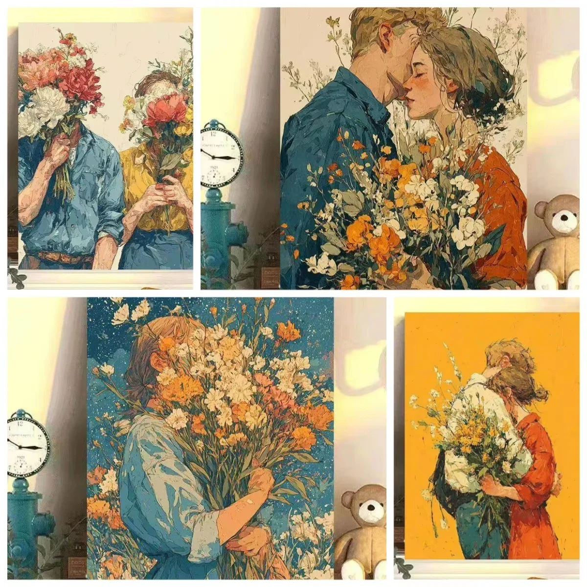 DIY Digital Painting Paint By Numbers Lovers with Flowers Handpainted Painting Art Picture Artcraft on Canvas Unique Gift Decor